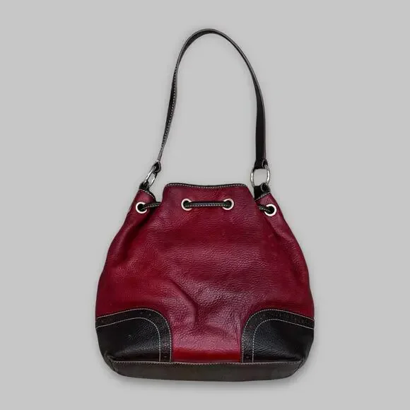 Vintage Dooney & Bourke Red & Black Pebbled Leather Drawstring Shoulder Bag - Picture 2 of 7